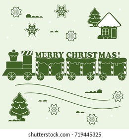 New year and Christmas symbols: train, wagons, gingerbread, Ñ�hristmas tree, snowflakes, house. Design for banner, poster or print.