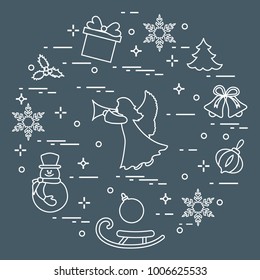 New Year and Christmas symbols. Winter elements made in line style.