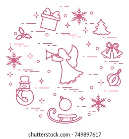New Year and Christmas symbols. Winter elements made in line style.