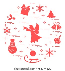 New Year and Christmas symbols. Winter elements made in line style.