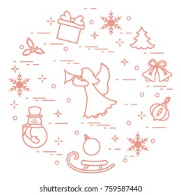 New Year and Christmas symbols. Winter elements made in line style.
