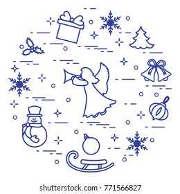 New Year and Christmas symbols. Winter elements made in line style.