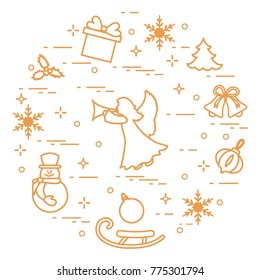New Year and Christmas symbols. Winter elements made in line style.