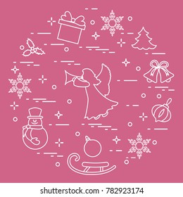 New Year and Christmas symbols. Winter elements made in line style.