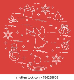 New Year and Christmas symbols. Winter elements made in line style.