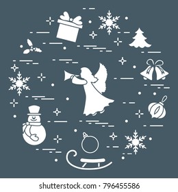 New Year and Christmas symbols. Winter elements made in line style.