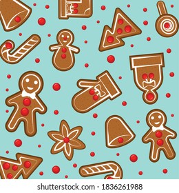 New Year and Christmas texture. 2021. Seasonal pattern. Festive, curly cookies. Color image of sweet gingerbread with decorative elements. Design element. Vector illustration.