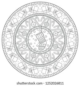 New year and Christmas theme. Black and white graphic doodle hand drawn sketch mandala for adult, kids coloring book. Gifts, socks, garlands, ethnic patterns.