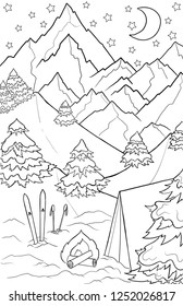 New year and Christmas theme. Black and white graphic doodle hand drawn sketch for adult coloring book. Winter landscape with mountains, pines, trees, snow, ski and tent.