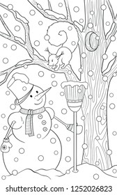 New year and Christmas theme. Black and white graphic doodle hand drawn sketch for adult coloring book. Winter landscape with pine, snow, snowmen and squirrel.