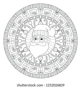 New year and Christmas theme. Black and white graphic doodle hand drawn sketch mandala for adult, kids coloring book. Gifts, balls, garlands, Santa Claus with ethnic patterns.
