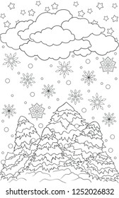 New year and Christmas theme. Black and white graphic doodle hand drawn sketch for adult coloring book. Winter landscape with trees, pines, snowflakes, snow and clouds.