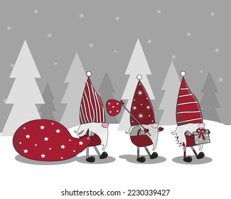 New Year. Christmas. three elves carry a New Year gift, a bundle and a big bag with New Year gifts 