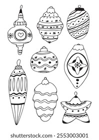 New Year and Christmas toys for decorating the tree set. Different Christmas tree toys. Traditional Christmas tree decorations. Vector illustration.