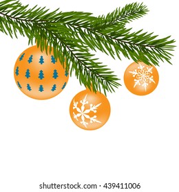 New Year or Christmas toys. Fir tree branch with yellow balls with a pattern. Vector illustration