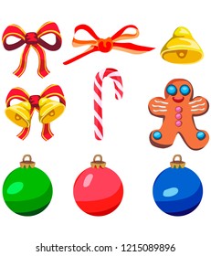 New Year and Christmas toys on the Christmas tree, a set of vector images on a white background
