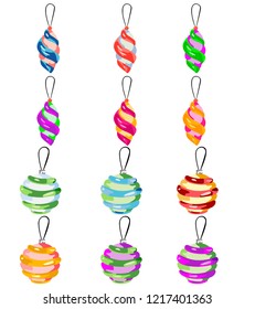 New Year and Christmas toys on the Christmas tree, a set of vector images on a white background