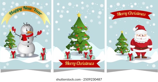  new year christmas traditional cards, tree santa, snowman, set, ribbon, snowflake