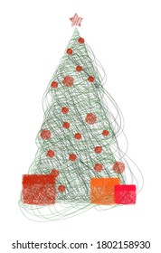 New Year, Christmas tree 2021 with gifts and glass balls in sloppy child style drawing of a. Sloppy sketch. Festive design element. Vector on white background