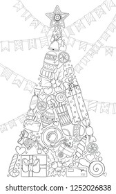 New year and Christmas tree. Black and white graphic doodle hand drawn sketch for adult or kid coloring book.