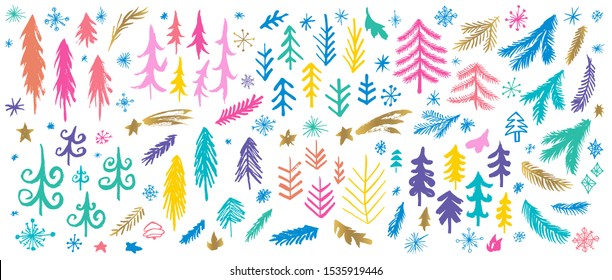 New Year, Christmas tree branches colorful brush strokes sketch markers pen. Christmas different stars frost snowflakes collection. Hand drawn vector illustration.