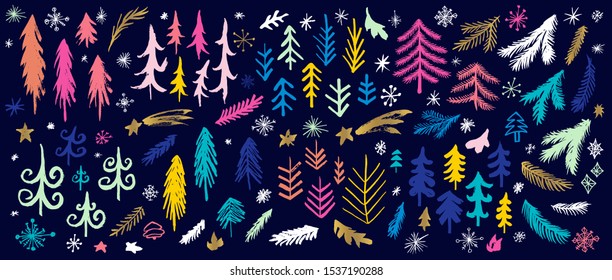 New Year, Christmas tree branches colorful brush strokes sketch markers pen. Christmas different stars frost snowflakes collection. Hand drawn vector illustration.