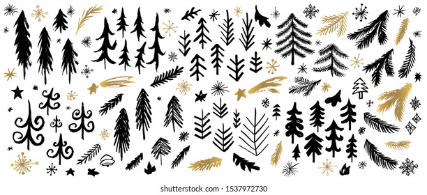 New Year, Christmas tree branches black brush strokes sketch markers pen. Christmas different stars frost snowflakes collection. Hand drawn vector illustration.