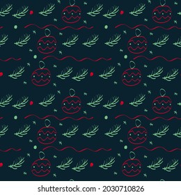 New Year with a Christmas tree branches. The background of a winter sweater, hand-drawn with Christmas tree branches and toys. The pattern of the pattern for textiles or packaging paper. Vector 