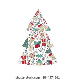 New year and Christmas tree. Bright color pattern christmas tree. Unique design for your greeting cards, banners, flyers. Vector illustration. Hand-Drawn. Flat design.