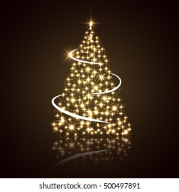 New Year / Christmas Tree Composed of Shiny Lights / Stars Isolated on Gold Background