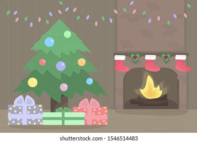 New Year and Christmas. Christmas tree. Cozy interior with fireplace. Vector illustration.