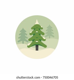 New Year and Christmas tree in flat design. Pine tree with snow in forest. Christmas spruce vector illustration.