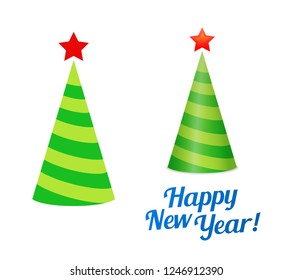 New year Christmas Tree in form of Holiday Cap. Vector icon illustrations isolated on white.