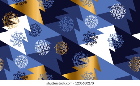 New Year and Christmas tree geometric seamless pattern. Gold and blue xmas luxury repeatable motif for wrapping paper, background, winter design projects.
