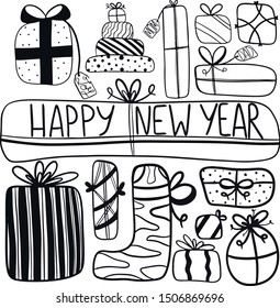 new year christmas tree gift icons set collection line 