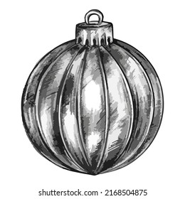 New Year Christmas tree glass ball toy isolated monochrome sketch digital vector line art