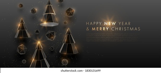 New Year and Christmas tree for holiday elegant luxury design with golden and black festive elements. Xmas tree 3d vector illustration.