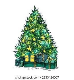 New Year or Christmas tree, isolated vector sketch
