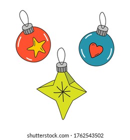 New Year or Christmas tree toys, balls and star.