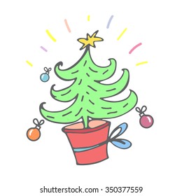 New Year, Christmas trees.  Vector hand illustration on white background. 