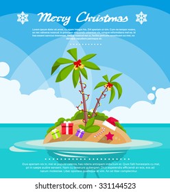 New Year Christmas Vacation Holiday Tropical Ocean Island With Palm Tree Flat Vector Illustration