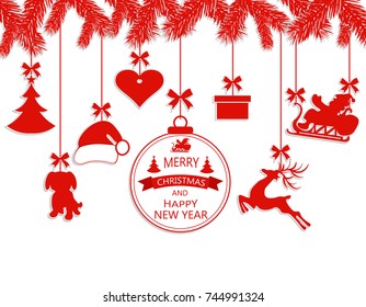 New Year Christmas. Various ornaments hanging on spruce branches, a Santa hat, a reindeer, a heart, a gift, a dog and a Christmas tree. Vector illustration