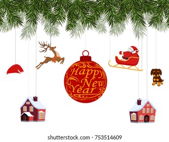 New Year Christmas. Various toys hanging on spruce branches, Santa on sleigh, Santa hat, deer, houses, dog. Happy New Year. Vector illustration