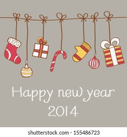 New Year and Christmas vector background with Christmas gifts and mitten. vector Christmas card, frame