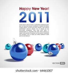 New Year or Christmas vector background with colorful balls over white, with copy space, eps10.