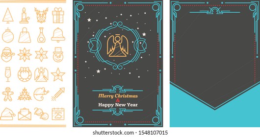 New Year and Christmas vector card design. With a frame along the contour and a round frame in the center in which you can put any of the Christmas elements proposed. Two sides of the postcard.