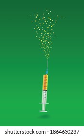 Tarjeta vectorial de Año Nuevo o Navidad 2021 para profesionales médicos y científicos de la virología. Jeringa con vacuna covid-19 coronavirus dispara confeti dorado brillante sobre un fondo verde. Cartel