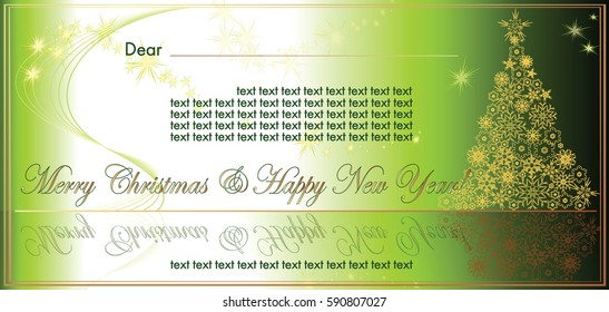 New Year and Christmas vector card with NY tree from gold snowflakes on green gradient background