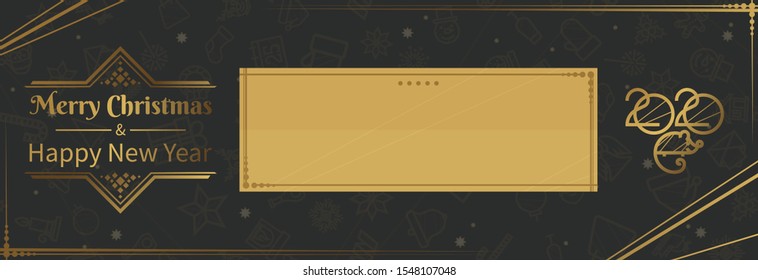 New Year and Christmas vector flyer design. With a gold frame on the contour and a rat symbol of the year. Black background with a pattern. There is a place for congratulatory text.