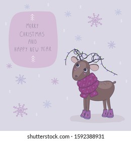 New year and Christmas vector greeting card with cute deer.